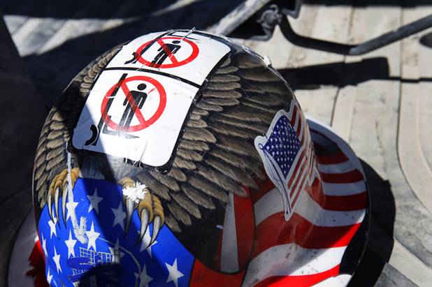A hardhat includes a sticker with instructions for safe forklift operation during the groundbreaking for the Nevada Health Centers' Martin Luther King Health Center and Administrative Office building near Martin Luther King and Lake Mead boulevards Monday, March 28, 2011.