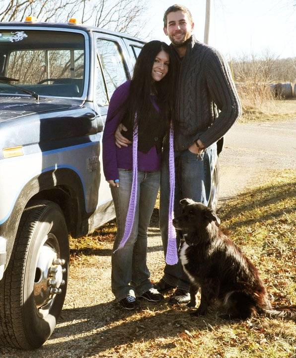 Shay Kelley, Shane Patrick and their dog, Zuzu, pose for a picture in Mackinaw, Ill.