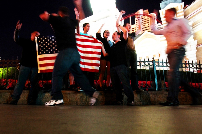 A small group gathers in front the Statue of Liberty at New York-New York on the Las Vegas Strip shortly after it was announced that Osama bin Laden had been killed Sunday, May 1, 2011.