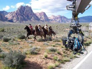 Crews shoot a television commercial in the desert outside Las Vegas.
