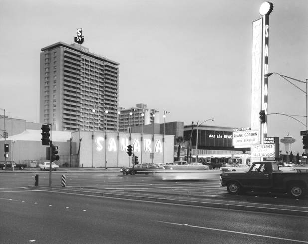 Exterior of the Sahara Hotel at dusk 02/15/71