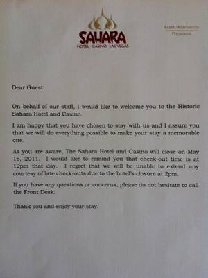 The letter issued to the Sahara's final guests.