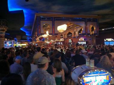 The casino floor fills with ticket-holders hoping to win $500 in the Sahara’s cash giveaway on Friday night.