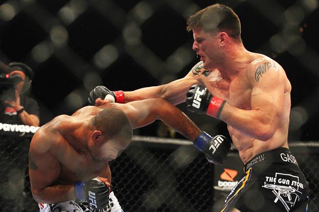 Brian Stann and Jorge Santiago trade punches during their fight at UFC 130 Saturday, May 28, 2011 at the MGM Grand Garden Arena. Stann won by TKO.