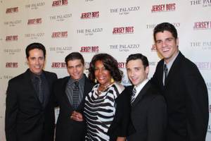 Mary Wilson is flanked by <em>Jersey Boys</em> stars Jeff Leibow, Deven May, Rick Faugno and Peter Saide.