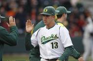 Spring Valley High graduate Tyler Anderson is greeted by teammates this spring following a solid performance for the University of Oregon baseball team. He is projected as a first-round draft pick in Monday's draft.