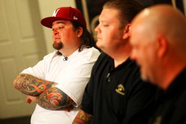 Austin “Chumlee” Russell, Corey “Big Hoss” Harrison and Rick Harrison appear on “Kats With the Dish” during a recording of the show at Gold & Silver Pawn on Las Vegas Boulevard.