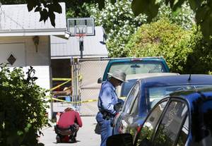 Metro crime scene analysts document evidence after a Metro Police officer shot a pit bull at a home near Shetland Road near Charleston Boulevard Saturday, June 25, 2011. The officer was looking for a subject with an outstanding warrant when the dog broke through a fence, police said.