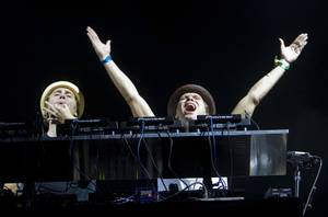 The EC Twins of Britain perform during the Electric Daisy Carnival at the Las Vegas Motor Speedway Sunday June 26, 2011.