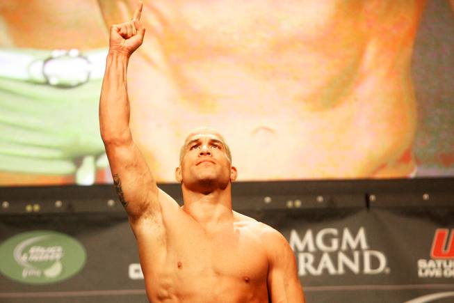 Tito Ortiz reacts after making weight  during the weigh in for UFC 132 Friday, July 1, 2011 at the MGM Grand Garden Arena.