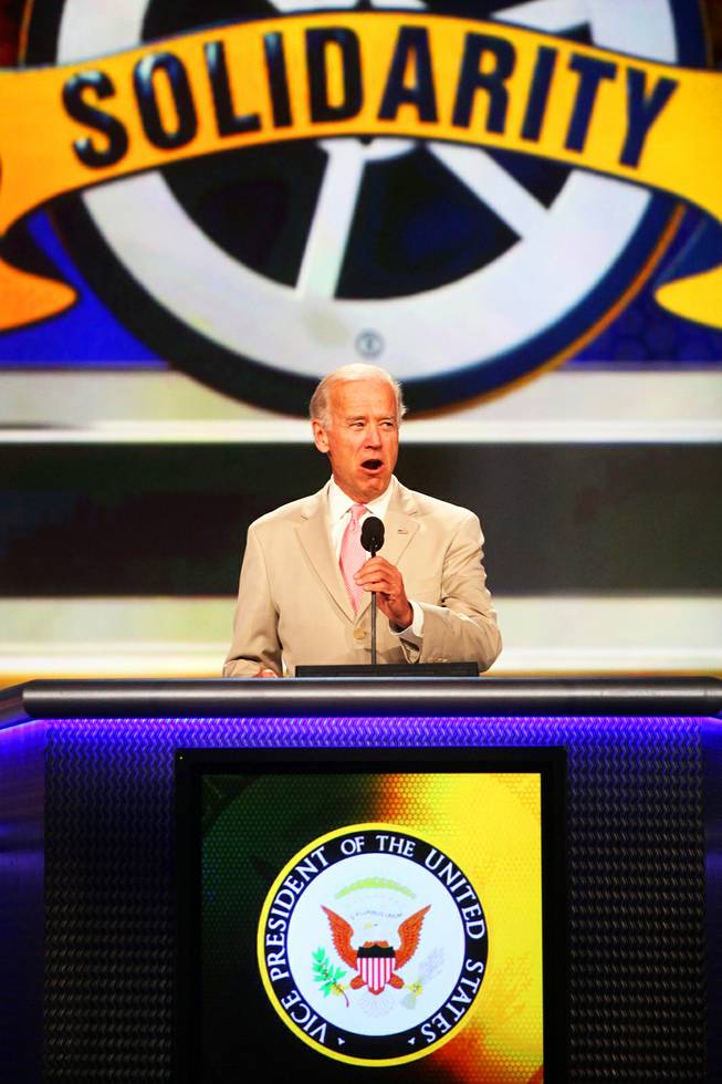Vice President Joe Biden speaks to thousands of Teamsters gathered for the 28th International Brotherhood of Teamsters at the Paris hotel-casino convention center in Las Vegas Friday, July 1, 2011.