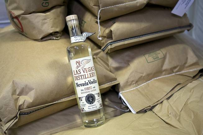 A display bottle of Nevada Vodka rests on sacks of millet at the Las Vegas Distillery in Henderson July 5, 2011.