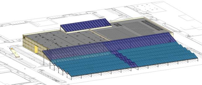 A schematic drawing of the planned solar structure at ProCaps Laboratories, 431 Eastgate Road in Henderson. The blue represents solar panels that are already in place, while the purple represents the planned expansion to the structure.