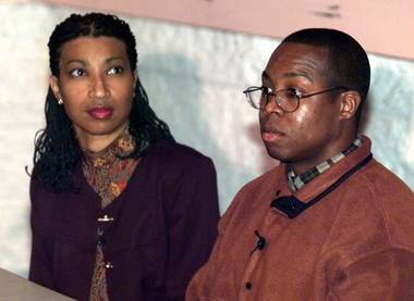 Reggie Hayes, right, also known as Reginald Mason, and his federal public defender, Danice Johnson, at the West Las Vegas Library on Thursday, January 21, 1999.  Hayes held a community meeting to gain support for his pardon bid.