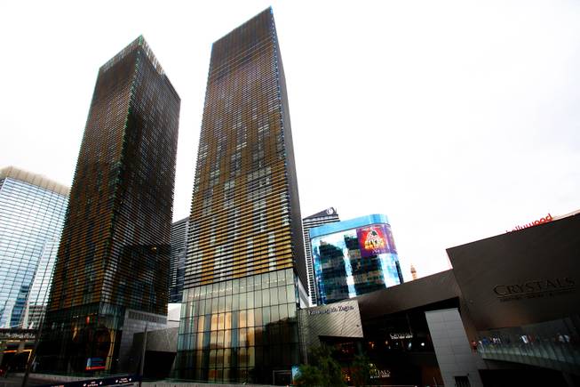 The Veer Towers at CityCenter dwarf the Harmon Hotel, which ...