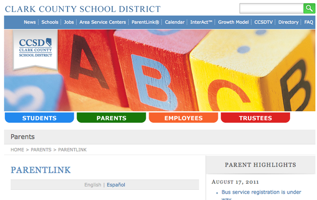 ParentLink page on the Clark County website.
