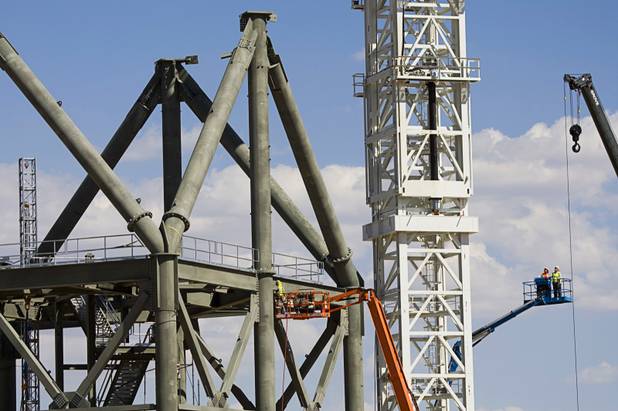 A view of construction at the Ivanpah Solar Electric Generating System just south of Primm in California Monday, August 29, 2011. When completed, the 392 megawatt facility will nearly double the amount of thermal solar energy produced in the United States today.
