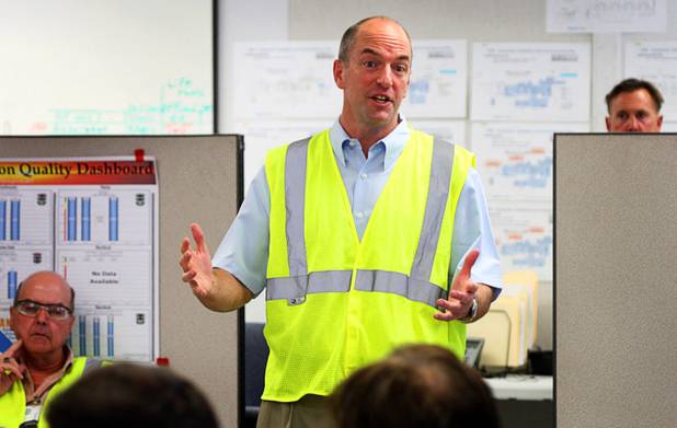 BrightSource CEO John Woolard gives a project overview before a tour of the Ivanpah Solar Electric Generating System construction site just south of Primm in California Monday, August 29, 2011. BrightSource and NRG Energy will construct and run the facilty. Google has also joined as an equity partner with an investment of $168 million.