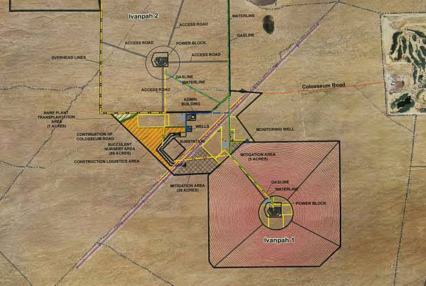 A map shows a portion of the Ivanpah Solar Electric Generating System construction site just south of Primm in California Monday, August 29, 2011. Ivanpah 1, lower right, is currently under construction.