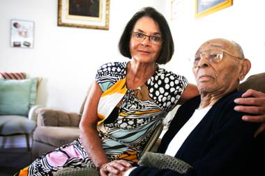 Wilbur Brewer, right, and Willy Huys sit inside Wilbur’s Las Vegas home Tuesday, Aug. 30, 2011. As a young G.I. during WWII, Wilbur helped carry Willy to safety after the Germans bombed her village in Holland.