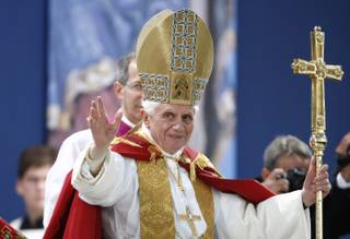 Benedict XVI blesses the faithful as he celebrates a Marian vesper ceremony in Etzelsbach, eastern Germany, Friday, Sept. 23, 2011. Pope Benedict XVI was on a four-day official visit to his homeland Germany.
