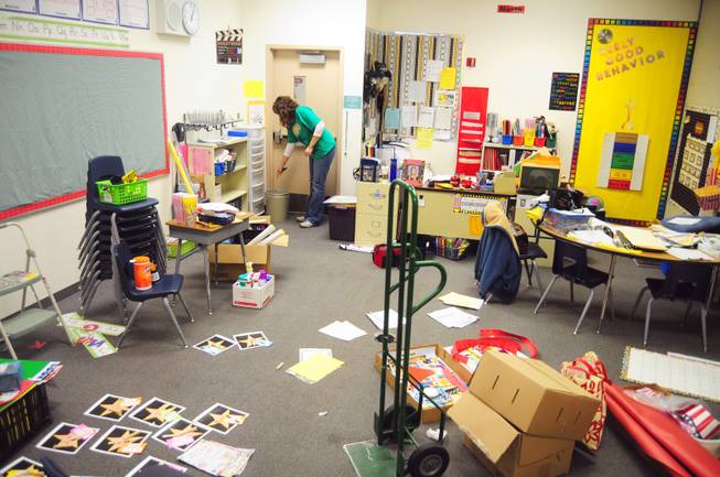 Richard Bryan Elementary School second-grade teacher Stacey Lynn Gelhart packs up her classroom on Friday, Oct. 7, 2011. Four teachers at Bryan are being affected by the Clark County School District's decision to staff elementary schools at 98 percent. They are being shuffled to different grade levels and schools in order to level out the student-teacher ratio at overpopulated schools.
