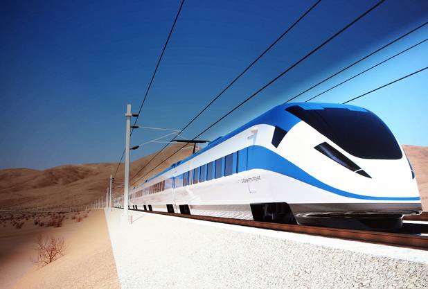 An artist’s rendering of a train on the XpressWest high-speed rail line, formerly DesertXpress.