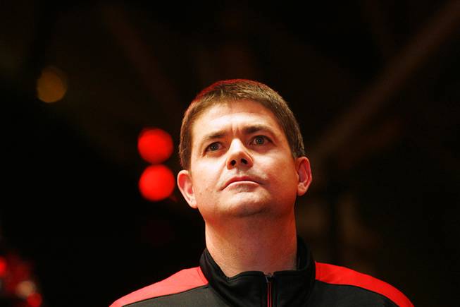 UNLV basketball coach Dave Rice is introduced during the Rebel Fan Fest Friday, October 14, 2011 at the Fremont Street Experience.