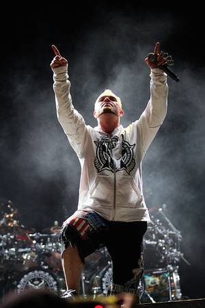 Ivan L. Moody of Five Finger Death Punch performs during the first day of the Rockstar 48 Hours Festival at the Luxor Festival Grounds on Saturday, Oct. 15, 2011.