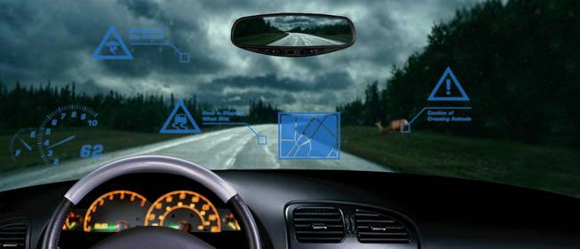 Sun Innovations' Head-Up Display shoots transparent holographic images onto a vehicle's windshield to display directions, speed, hazard warnings and music selections.