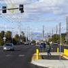 A pedestrian uses a Danish offset as she crosses Maryland Parkway near UNLV Monday, October 7, 2011.  A Danish offset is in the median area where the crosswalk makes an S turn, slowing pedestrians down and making them look at traffic before they cross.