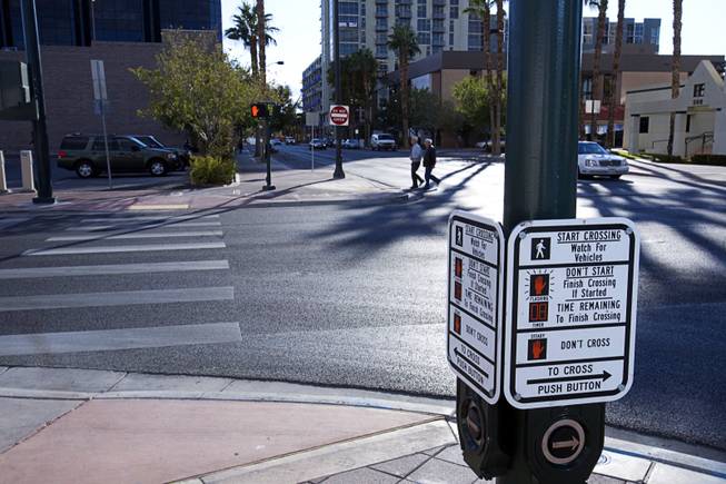 A view of bulbouts at the intersection of 4th Street and Clark Avenue in downtown Las Vegas Monday, October 7, 2011. Bulbouts are sidewalks that extend into the street near the intersection corners to make the road more narrow and hopefully slow traffic down.
