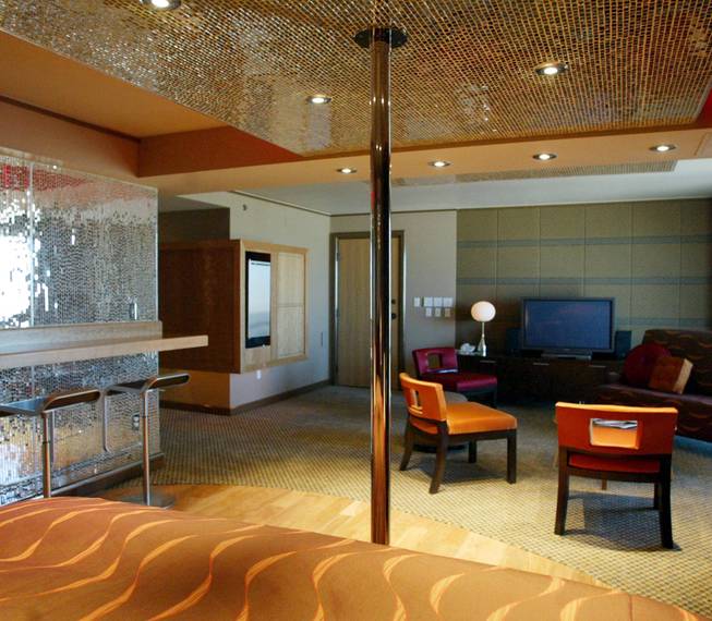 A view of a bachelor suite at the Palms, complete with stripper pole.