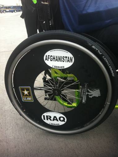 The sticker-adorned wheelchair of wounded Army soldier Sergio Cano.