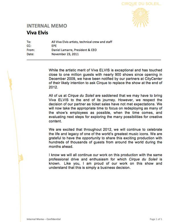 A copy of an internal memo announcing that "Viva Elvis" is likely to be replaced at the end of 2012.