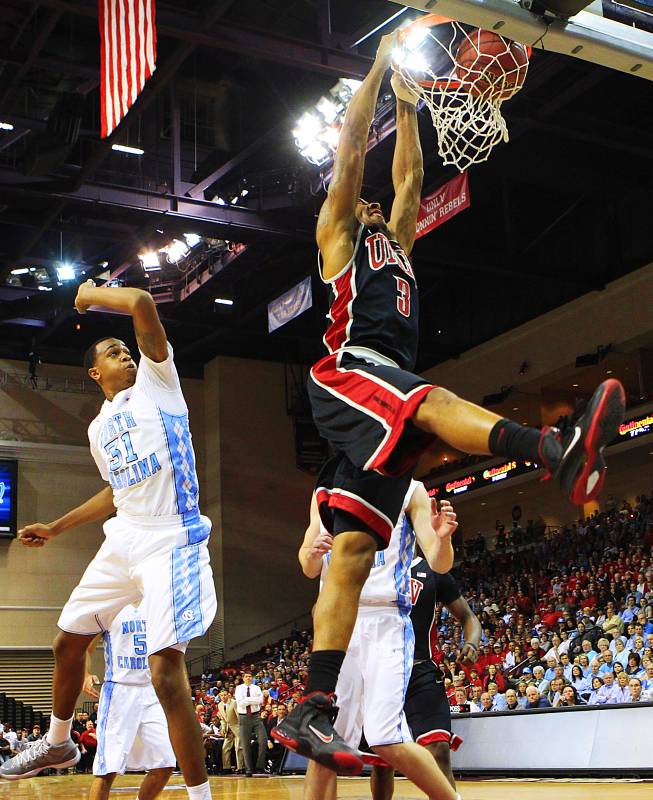 UNLV guard Anthony Marshall dunks on the University of North Carolina during the Las Vegas Invitational championship game Saturday, Nov. 26, 2011 at the Orleans Arena. The Rebels upset the number one ranked Tar Heels 90-80.