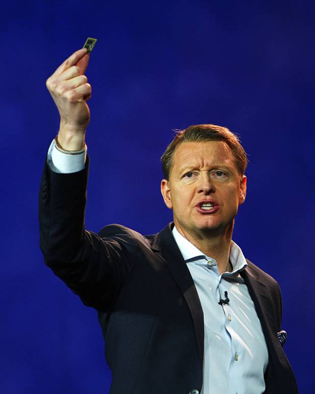 Hans Vestberg, president and CEO of the Ericsson Group, holds a ST-Ericsson 4G LTE chip during his keynote address at the 2012 International Consumer Electronics Show (CES) in Las Vegas, Nevada, Jan. 11, 2012.