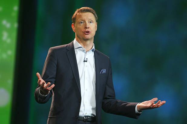 Hans Vestberg, president and CEO of the Ericsson Group, gives a keynote address during the 2012 International Consumer Electronics Show (CES) in Las Vegas, Nevada, Jan. 11, 2012. CES, the world's largest consumer technology tradeshow, runs through Friday.