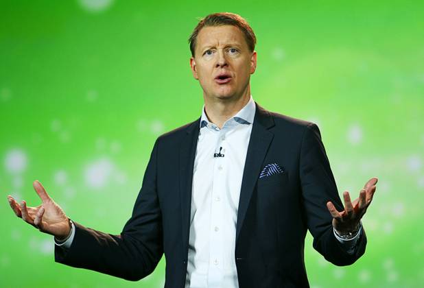 Hans Vestberg, president and CEO of the Ericsson Group, speaks during his keynote address at the 2012 International Consumer Electronics Show (CES) in Las Vegas, Nevada, Jan. 11, 2012. CES, the world's largest consumer technology tradeshow, runs through Friday.