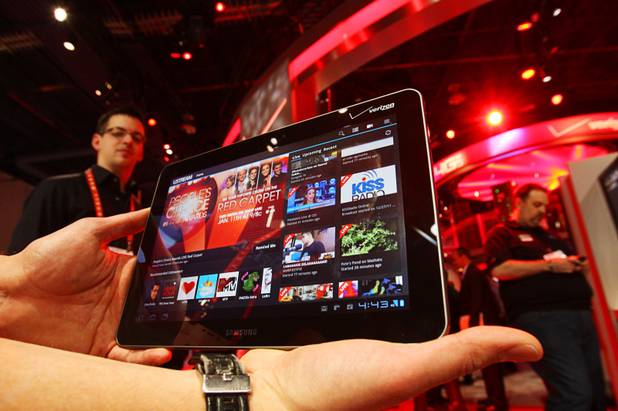 A Samsung tablet runs a Ustream App at the Verizon booth during the 2012 International Consumer Electronics Show (CES) in Las Vegas, Nevada, Jan. 11, 2012. The Ustream App, preloaded on Verizon 4G LTE devices, lets the user receive and broadcast live video from their device. CES, the world's largest consumer technology tradeshow, runs through Friday.
