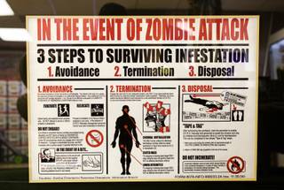 An informational poster is displayed in the Zombie Apocalypse Store, 3420 Spring Mountain Rd., Tuesday, Jan. 24, 2012. The store, which opened last November, sells survival gear, ammunition and Zombie-themed products.
