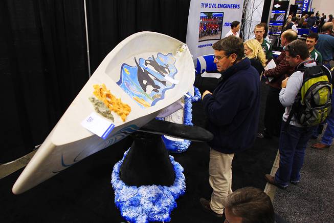 A concrete canoe made by students at California Polytechnic State University, San Luis Obispo is seen on display at the World of Concrete convention Wednesday, Jan. 25, 2012.