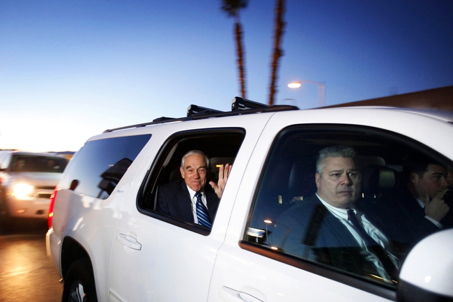 Rep. Ron Paul arrives for an appearance at American Shooters, an indoor gun range and retail store in Las Vegas Friday, Feb. 3, 2012.
