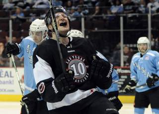 Geoff Paukovich celebrates after scoring a game-tying goal in the second period against the Alaska Aces on Friday night.