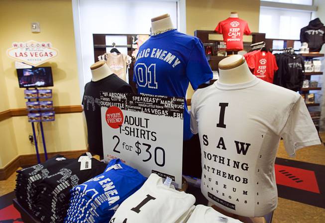 Mob-themed T-shirts and other items are displayed in the gift shop of the Mob Museum in downtown Las Vegas Monday, Feb. 13, 2012. The museum, in a renovated former federal courthouse and U.S. Post Office, will have its grand opening Tuesday.