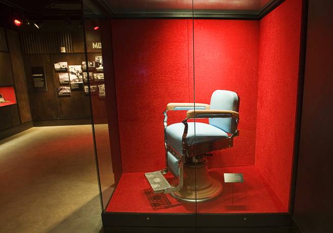 The barber chair, in which mobster Albert Anastasia was assassinated, is displayed in the Mob Museum in downtown Las Vegas Monday, Feb. 13, 2012. Anastasia was killed in New York in 1957. The museum, in a renovated former federal courthouse and U.S. Post Office, will have its grand opening Tuesday.