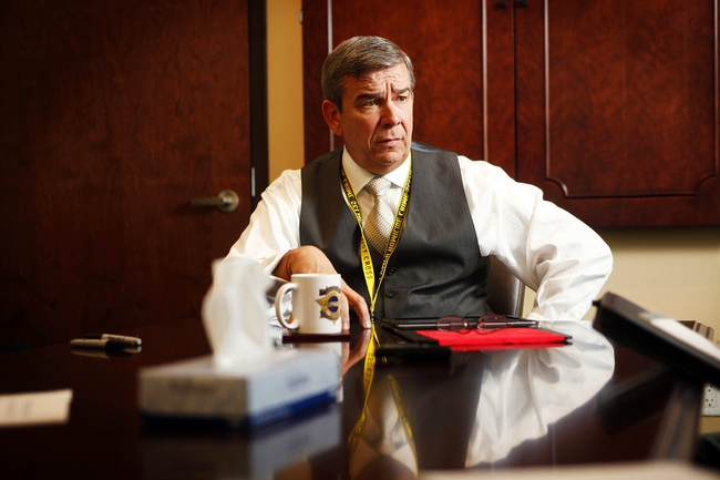 Clark County Sheriff Douglas Gillespie speaks during an editorial board meeting with Las Vegas Sun staff inside his office in Las Vegas on Thursday, Feb. 17, 2012.