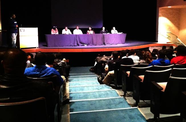 Panelists discuss the importance of life choices with about 200 students at Clark County Commissioner Lawrence Weekly's 10th annual African American Student Leadership Conference.