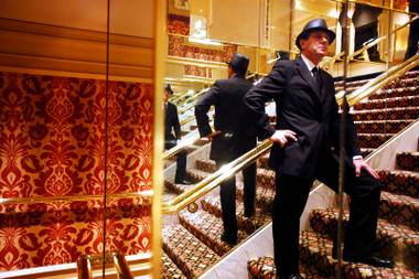 Frank Sinatra impersonator Rick Valient of Vancouver poses on the stairs during the Celebrity Impersonator Convention at the Golden Nugget in Las Vegas Tuesday, Feb. 21, 2012.