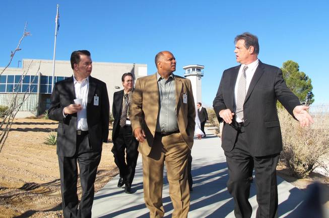 High Desert State Prison Warden Dwight Neven gives a tour of his facilities to Clark County Schools Superintendent Dwight Jones and Deputy Superintendent of Instruction Pedro Martinez on Friday, Feb. 24, 2012. More than 300 inmates at High Desert State Prison in Indian Springs receive adult education and vocational training from the Clark County School District through a partnership with the Nevada Department of Corrections. First-year Clark County Schools Superintendent Dwight Jones took a tour of the classroom facilities at the prison, about 40 miles northwest of Las Vegas.